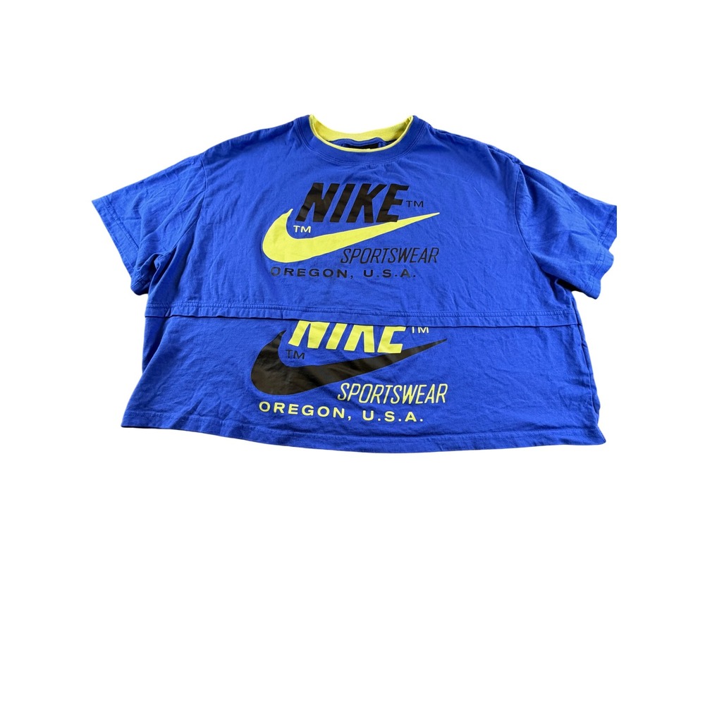 Nike Sportswear Womens Blue Cropped Graphic T-Shirt Large Oregon USA Logo Boxy